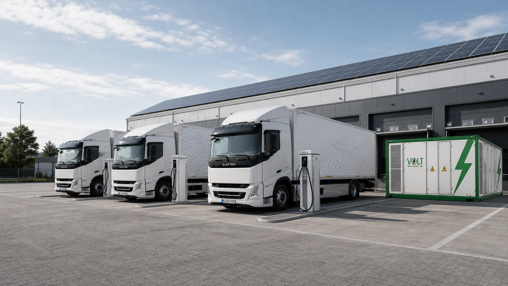 Logistikstandort mit E-Lkw-Ladeinfrastruktur, Photovoltaik und VoltEnergy Batteriespeicher