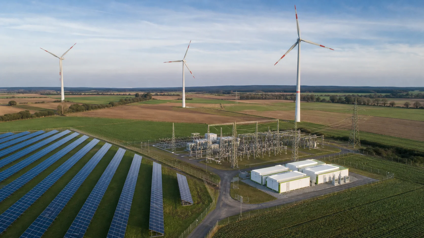 Solarpark, Windenergieanlagen, Umspannwerk und Batteriespeicher an einem gemeinsamen Energiestandort