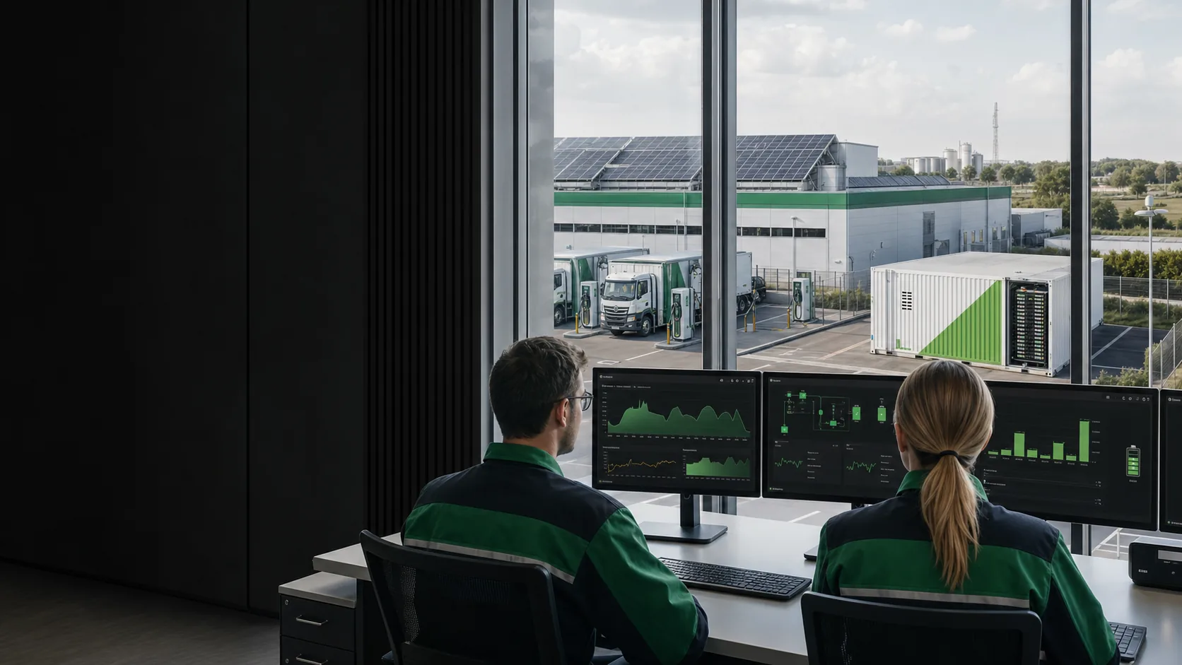 Energiemanagement-Leitwarte mit Industrieanlage, Photovoltaik, Ladeinfrastruktur und Batteriespeicher