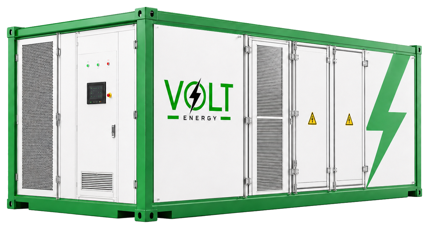VoltEnergy Batteriespeicher Container mit sichtbarem Logo und glatter Oberflaeche